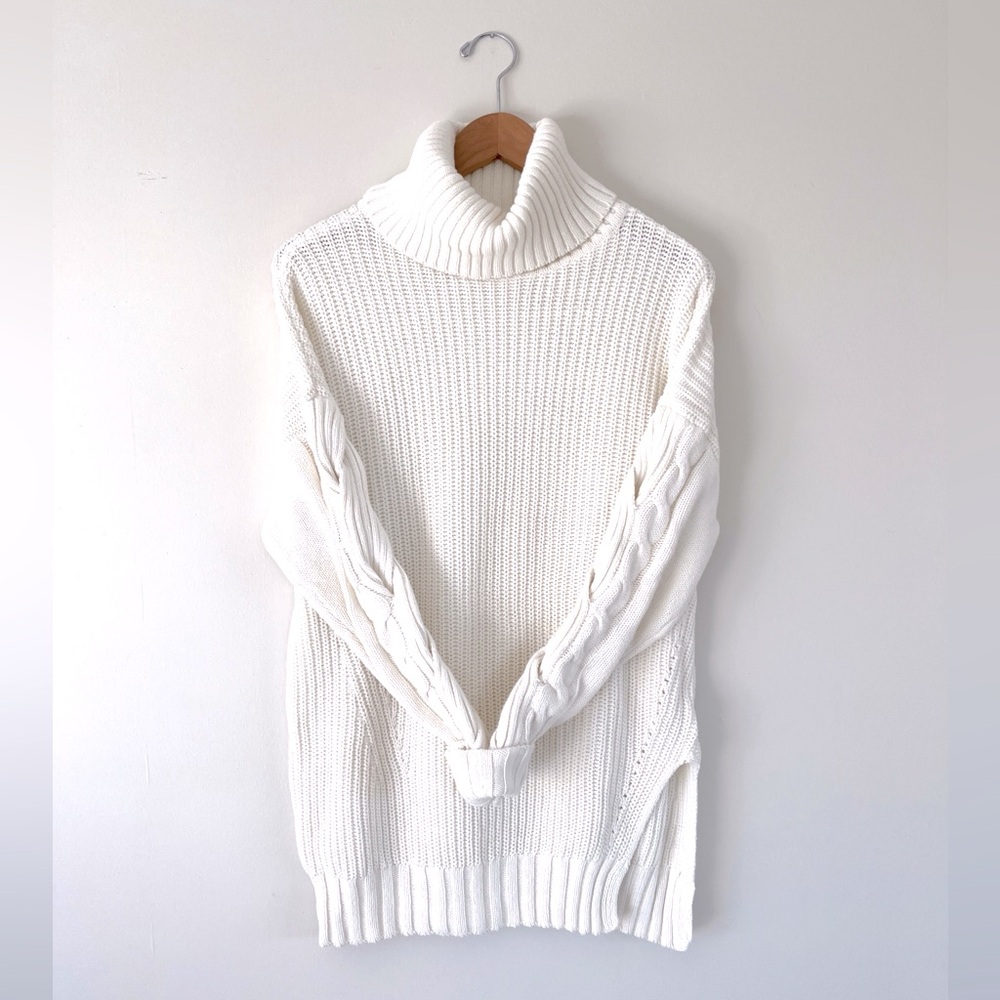 INC International Ivory Cotton Blend Cable Knit Turtleneck Sweater